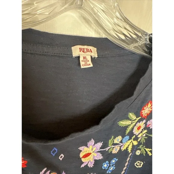 Reba Heavily Embroidered Boho Chic Artsy Festival Floral Long Sleeve Navy XL - Picture 5 of 6